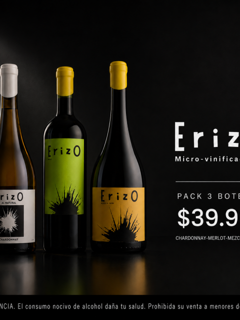 Pack 3 botellas Erizo Chardonnay Merlot Mezcla de Tintos vino chileno microvinificación